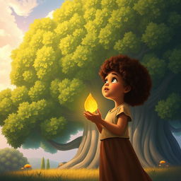 A storybook cover page in a concept art style, depicting a magnificent green tree with rich, textured leaves