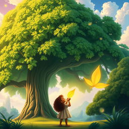 A storybook cover page in a concept art style, depicting a magnificent green tree with rich, textured leaves