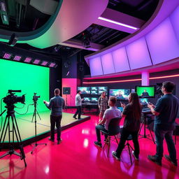 A cutting-edge video production studio with a sleek, modern design, featuring high-tech equipment like cameras, lighting, and editing software