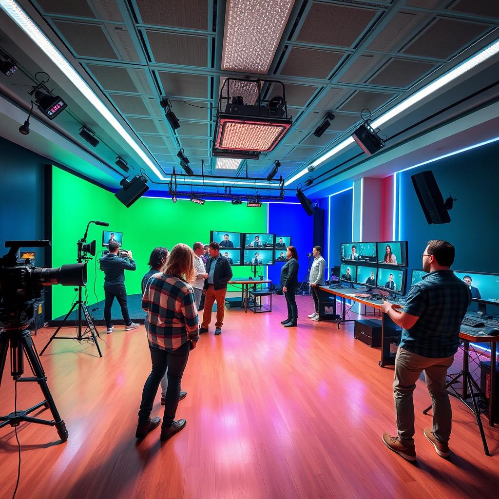A cutting-edge video production studio with a sleek, modern design, featuring high-tech equipment like cameras, lighting, and editing software