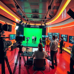 A cutting-edge video production studio with a sleek, modern design, featuring high-tech equipment like cameras, lighting, and editing software