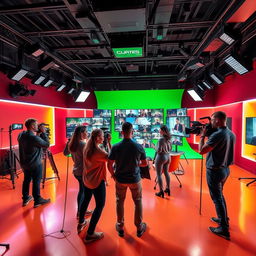 A cutting-edge video production studio with a sleek, modern design, featuring high-tech equipment like cameras, lighting, and editing software