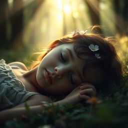 A hauntingly beautiful scene of a young girl lying peacefully in a serene forest, surrounded by soft, ethereal light filtering through the trees