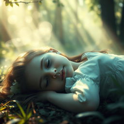 A hauntingly beautiful scene of a young girl lying peacefully in a serene forest, surrounded by soft, ethereal light filtering through the trees