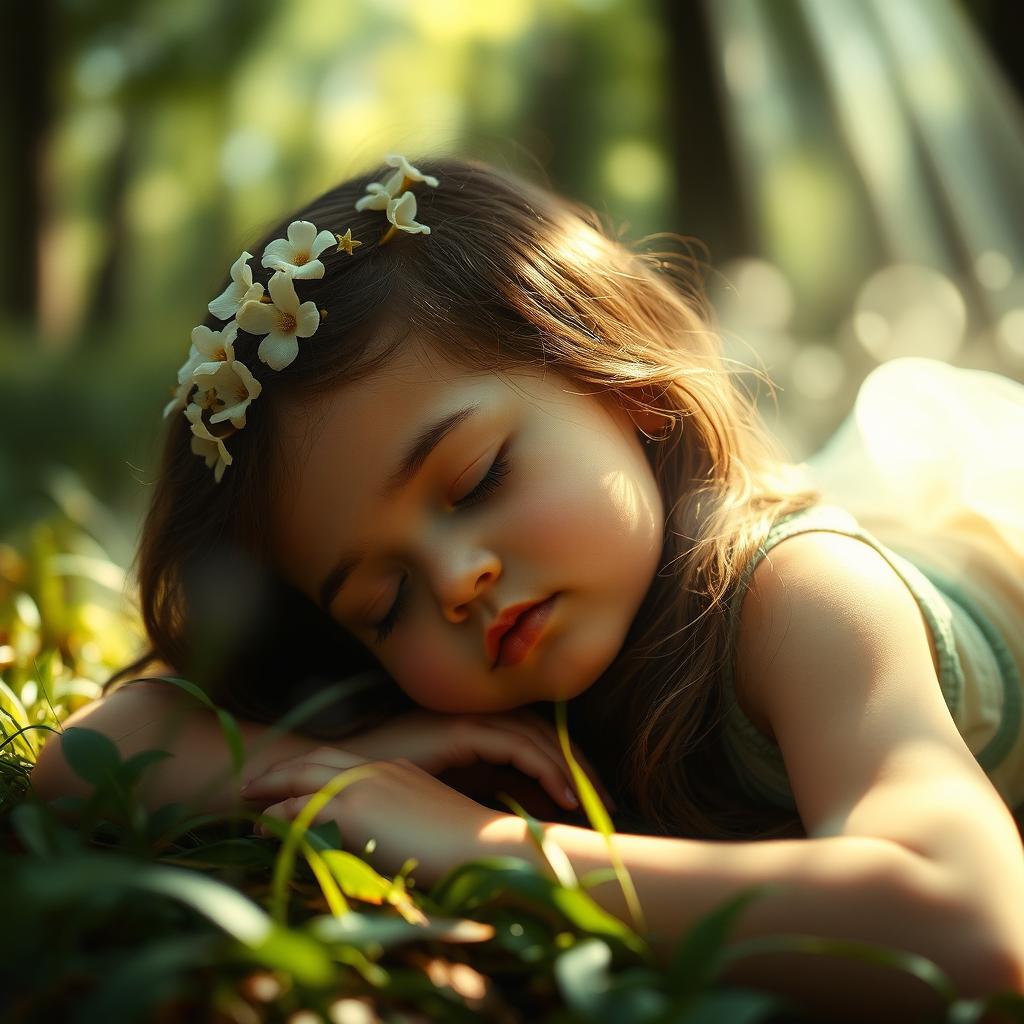 A hauntingly beautiful scene of a young girl lying peacefully in a serene forest, surrounded by soft, ethereal light filtering through the trees