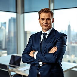 A confident businessman standing in a modern office environment, wearing a tailored navy blue suit with a crisp white shirt and a stylish tie
