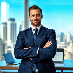 A confident businessman standing in a modern office environment, wearing a tailored navy blue suit with a crisp white shirt and a stylish tie