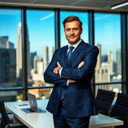 A confident businessman standing in a modern office environment, wearing a tailored navy blue suit with a crisp white shirt and a stylish tie