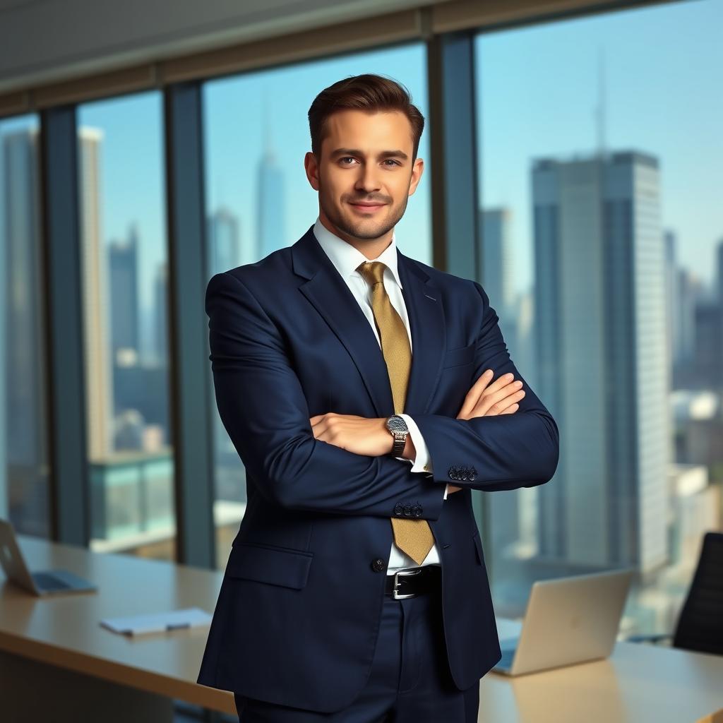 A confident businessman standing in a modern office environment, wearing a tailored navy blue suit with a crisp white shirt and a stylish tie