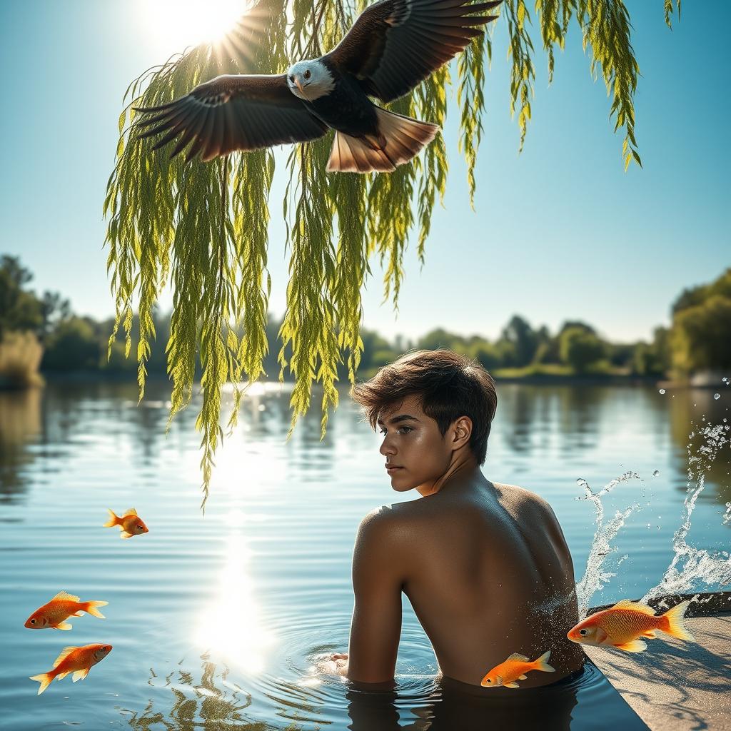 A serene summer scene by a pond, depicting a tranquil water surface reflecting the clear blue sky