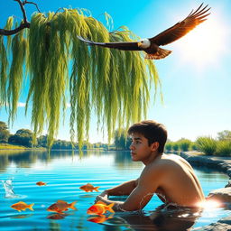 A serene summer scene by a pond, depicting a tranquil water surface reflecting the clear blue sky