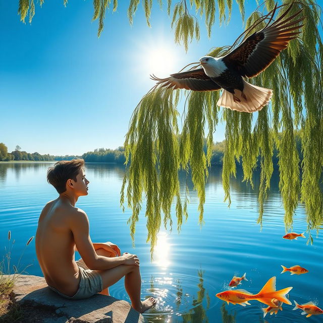 A serene summer scene by a pond, depicting a tranquil water surface reflecting the clear blue sky