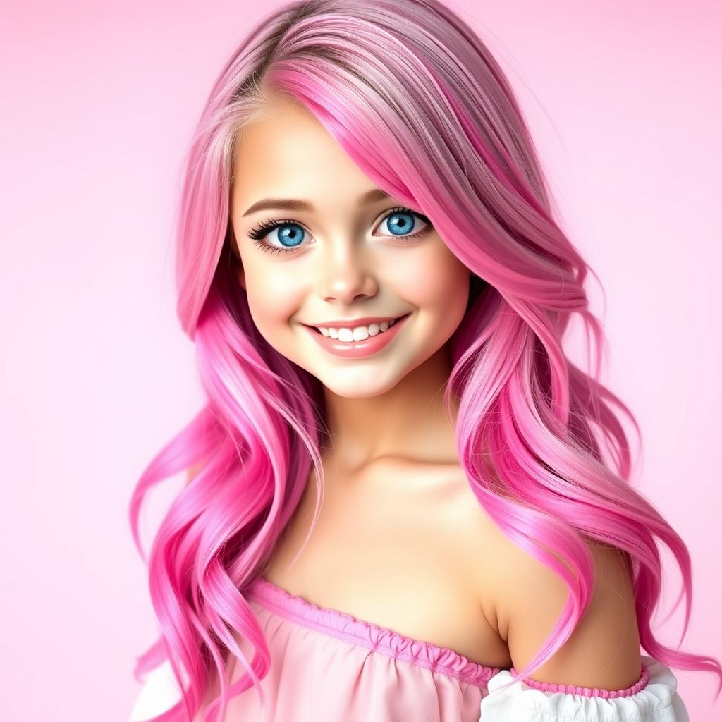A stunning girl with vibrant pink hair, cascading down her shoulders, styled in loose waves