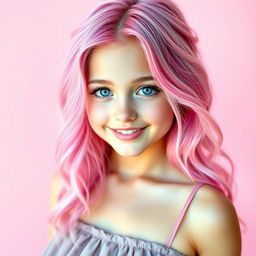 A stunning girl with vibrant pink hair, cascading down her shoulders, styled in loose waves