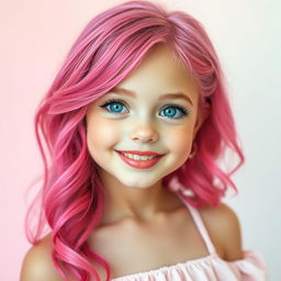 A stunning girl with vibrant pink hair, cascading down her shoulders, styled in loose waves