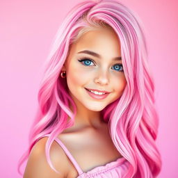 A stunning girl with vibrant pink hair, cascading down her shoulders, styled in loose waves