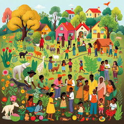 A vibrant community illustration showcasing diversity in both flora and fauna