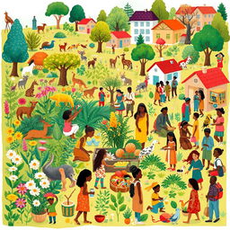 A vibrant community illustration showcasing diversity in both flora and fauna