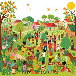 A vibrant community illustration showcasing diversity in both flora and fauna
