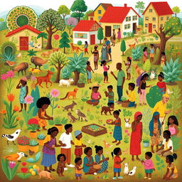 A vibrant community illustration showcasing diversity in both flora and fauna
