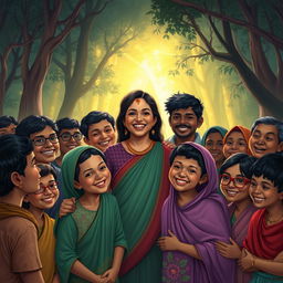 A heartwarming scene depicting villagers gathered around Maya, smiling and expressing their gratitude