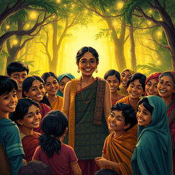 A heartwarming scene depicting villagers gathered around Maya, smiling and expressing their gratitude