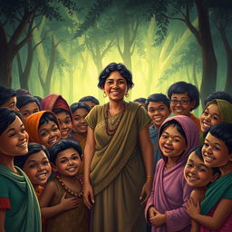 A heartwarming scene depicting villagers gathered around Maya, smiling and expressing their gratitude