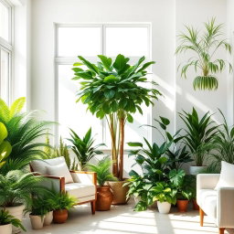 A bright room filled with vibrant green plants, showcasing a variety of indoor foliage like ferns, succulents, and a tall potted palm tree