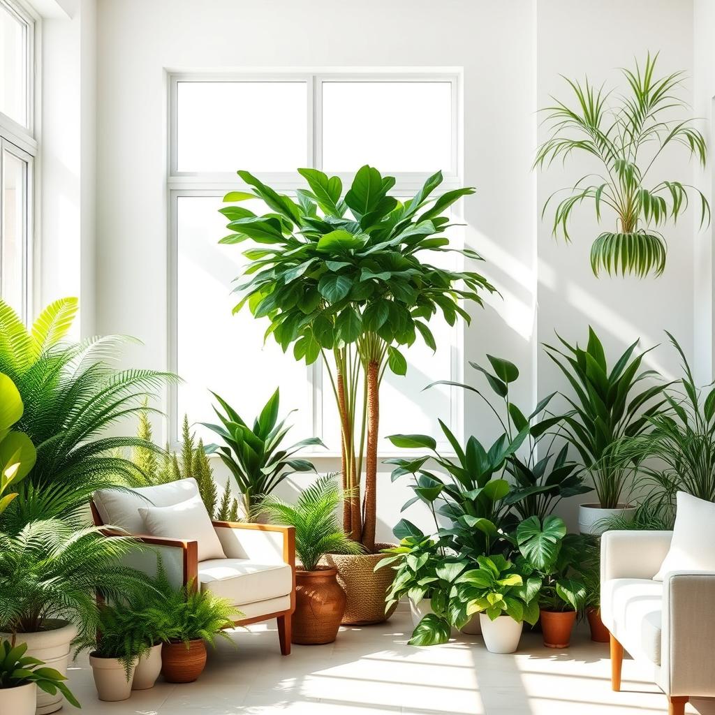 A bright room filled with vibrant green plants, showcasing a variety of indoor foliage like ferns, succulents, and a tall potted palm tree