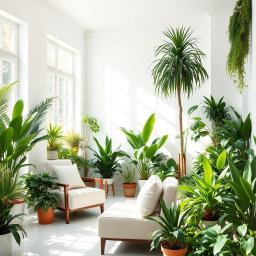 A bright room filled with vibrant green plants, showcasing a variety of indoor foliage like ferns, succulents, and a tall potted palm tree
