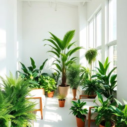 A bright room filled with vibrant green plants, showcasing a variety of indoor foliage like ferns, succulents, and a tall potted palm tree