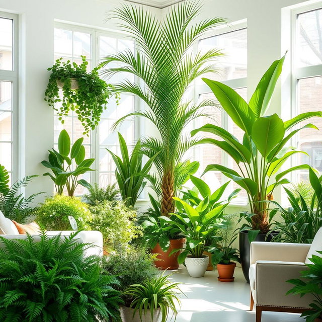 A bright room filled with vibrant green plants, showcasing a variety of indoor foliage like ferns, succulents, and a tall potted palm tree