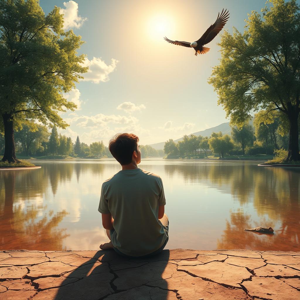 A peaceful summer afternoon scene by an empty pond, where the surface is dry and cracked, reflecting the heat of the day