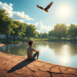 A peaceful summer afternoon scene by an empty pond, where the surface is dry and cracked, reflecting the heat of the day