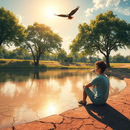 A peaceful summer afternoon scene by an empty pond, where the surface is dry and cracked, reflecting the heat of the day