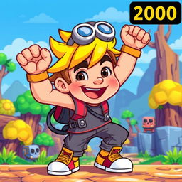 A gaming character from the year 2000 with a vibrant, cartoonish style, featuring a dynamic pose