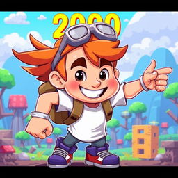 A gaming character from the year 2000 with a vibrant, cartoonish style, featuring a dynamic pose