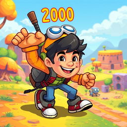 A gaming character from the year 2000 with a vibrant, cartoonish style, featuring a dynamic pose