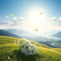 A serene and peaceful landscape, featuring a delicate white flower bouquet resting on a gentle green hillside under clear blue skies