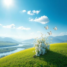A serene and peaceful landscape, featuring a delicate white flower bouquet resting on a gentle green hillside under clear blue skies