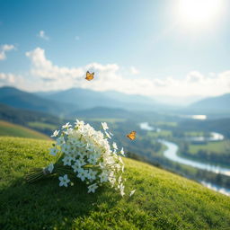 A serene and peaceful landscape, featuring a delicate white flower bouquet resting on a gentle green hillside under clear blue skies