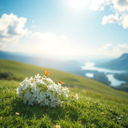 A serene and peaceful landscape, featuring a delicate white flower bouquet resting on a gentle green hillside under clear blue skies