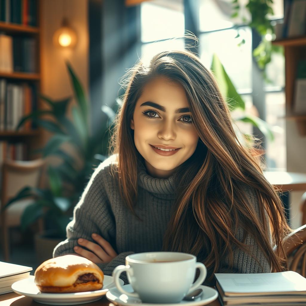 A stunning portrait of a young adult with long flowing hair, sitting in a cozy cafe, surrounded by books and plants