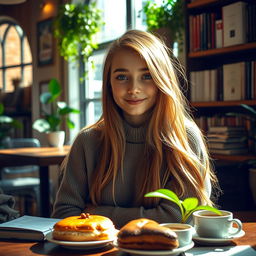 A stunning portrait of a young adult with long flowing hair, sitting in a cozy cafe, surrounded by books and plants