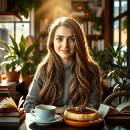 A stunning portrait of a young adult with long flowing hair, sitting in a cozy cafe, surrounded by books and plants