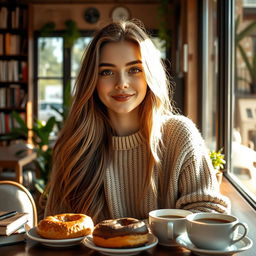 A stunning portrait of a young adult with long flowing hair, sitting in a cozy cafe, surrounded by books and plants