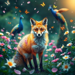 An enchanting scene featuring a vibrant and colorful fox with a shimmering, iridescent coat standing boldly in a lush garden filled with blooming flowers