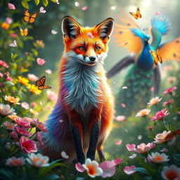 An enchanting scene featuring a vibrant and colorful fox with a shimmering, iridescent coat standing boldly in a lush garden filled with blooming flowers