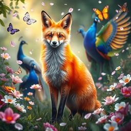 An enchanting scene featuring a vibrant and colorful fox with a shimmering, iridescent coat standing boldly in a lush garden filled with blooming flowers