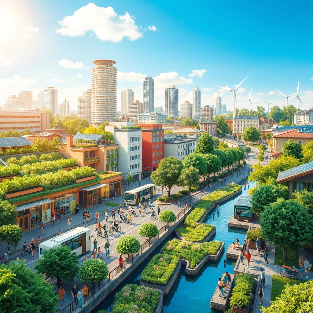 A vibrant cityscape in the year 2030 showcasing a harmonious balance between nature and urban living, illustrating the achievement of all 17 Sustainable Development Goals